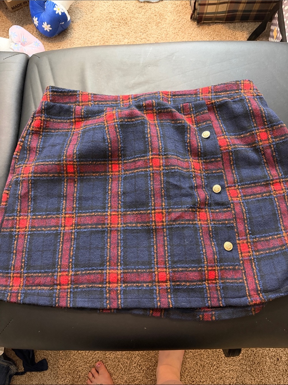 Navy and Red Plaid Mini Skirt with Gold Buttons